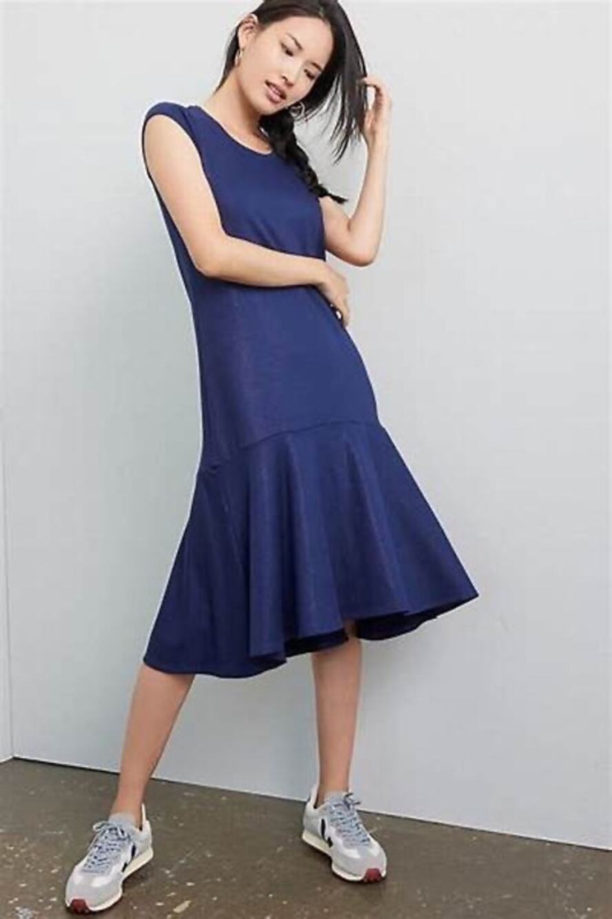 Maeve Anthropologie Ismene Navy Blue Metallic Cap Sleeve Drop Waist Midi Dress L